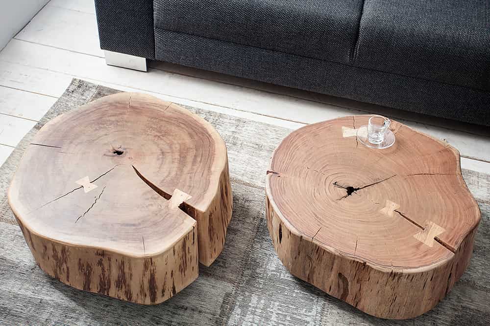 Baumstamm Couchtisch GOA 60cm natur Akazie Massivholz rund mit Rollen Unikat