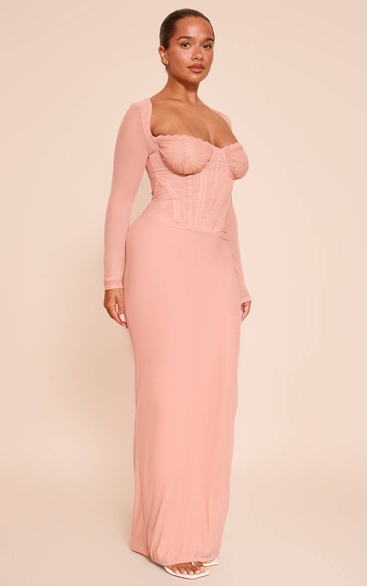 Pêche Robe Longue Corsetée En Mesh Avec Empiècement En Dentelle Shape