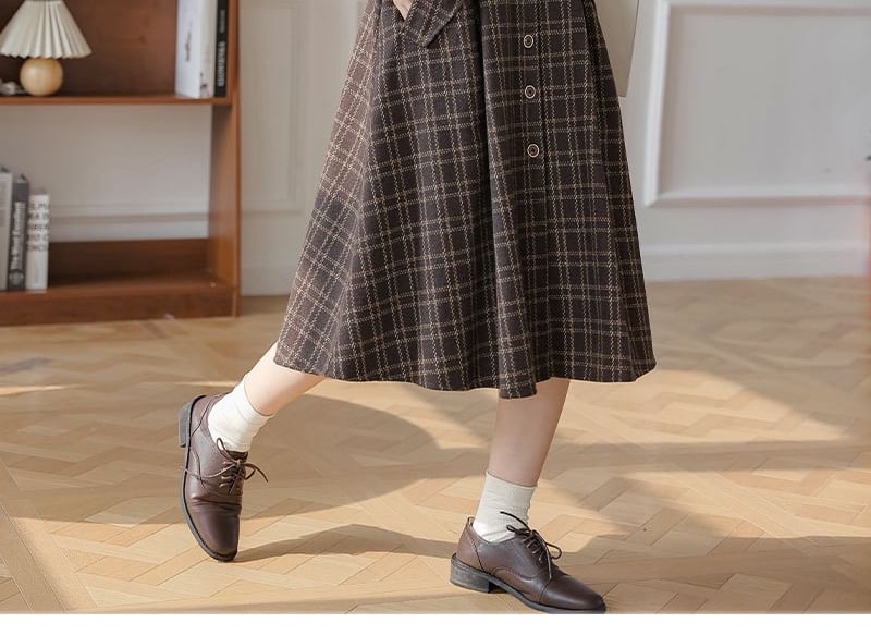 sansweet - Set: Mock Neck Plain Sweater + Plaid Overall Midi A-lijn Jurk