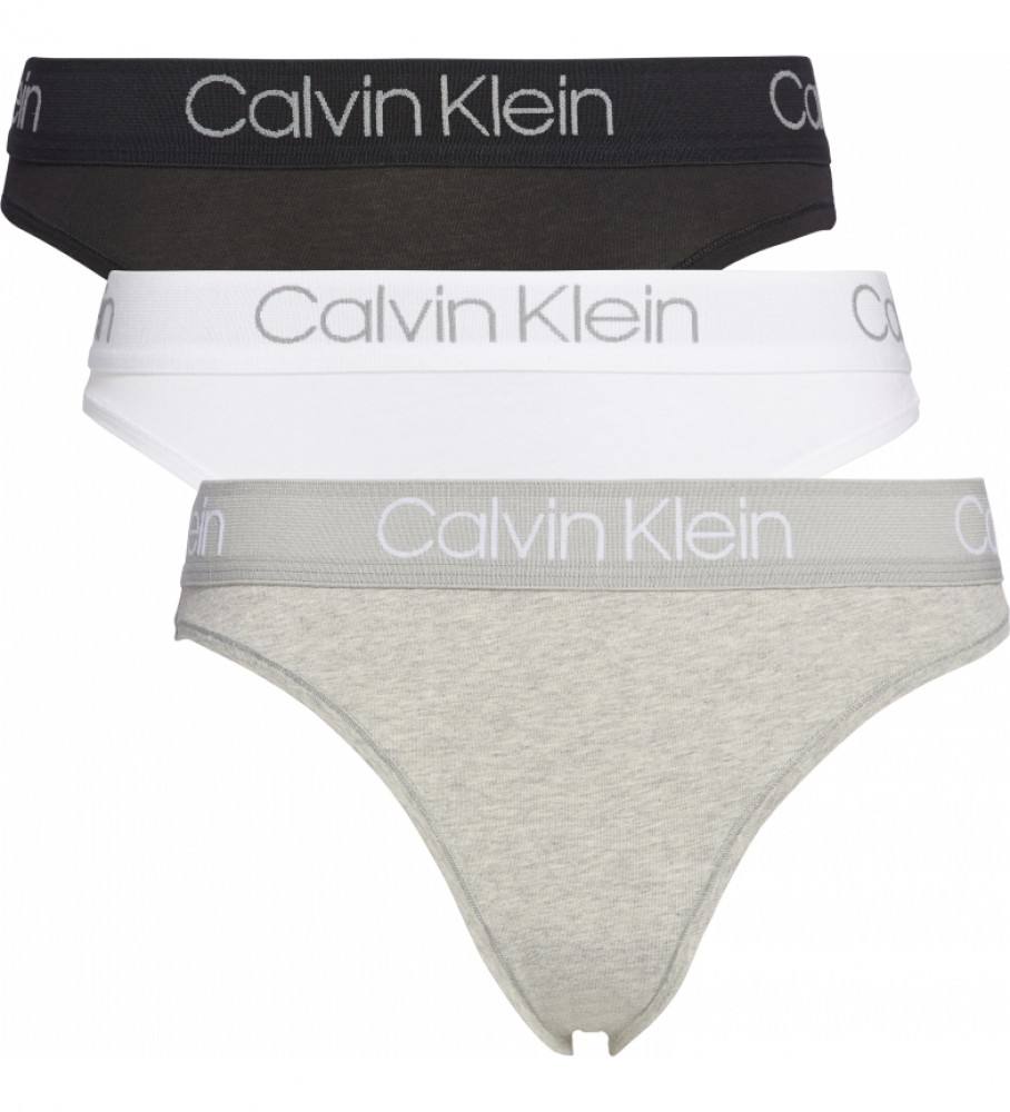 Conjunto de 3 tangas Calvin Klein: preta, branca e cinza.