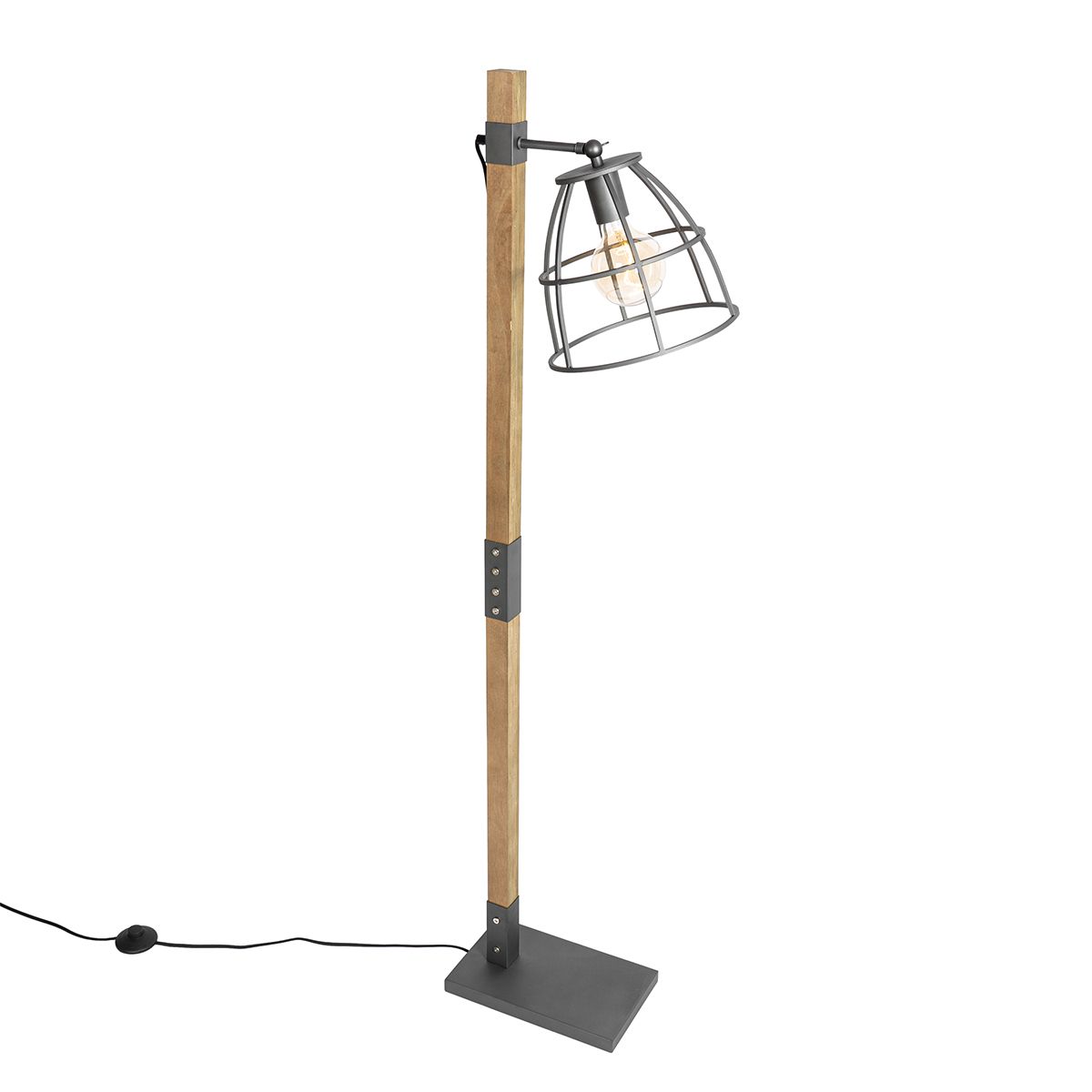Industriële vloerlamp donkergrijs met hout - Arthur