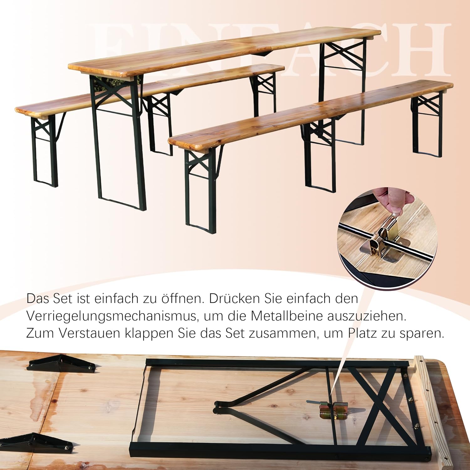 Faltbare Bierzeltgarnitur 220 cm, 3 teilig mit 1 Klapptisch & 2 Bierbänken, wetterfeste Massive Kiefer, verstärkter Metallrahmen, bis 200 kg belastbar, Festzeltgarnitur für Garten & Camping