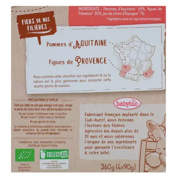 Babybio Fruits Gourde Pomme Figue +6m Bio 4 x 90g