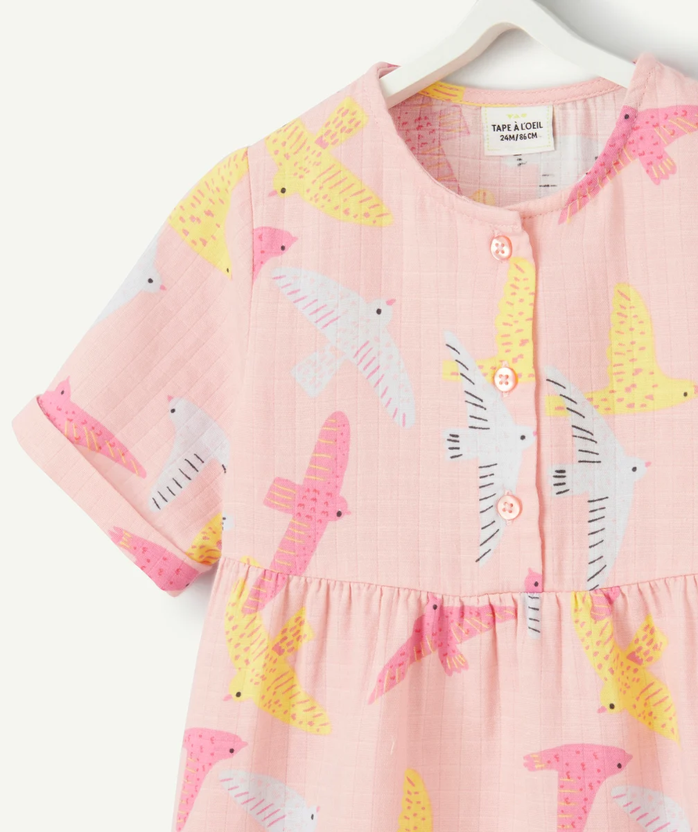 robe manches courtes bébé fille en coton bio rose et imprimé oiseaux