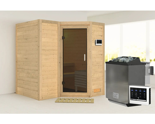Elementsauna Karibu Melanit 1 incl. 9 kW biooven en externe bedieningseenheid, zonder dakrand en grafietkleurige volledig glazen deur
