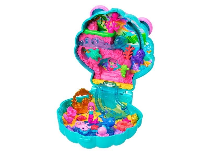 Polly Pocket Spielset Meer-Bär Schatulle Spiel-Set mit 1 Mini-Meerjungfrauenpuppe und Meerestieren, Reisespielzeug mit passendem Zubehör