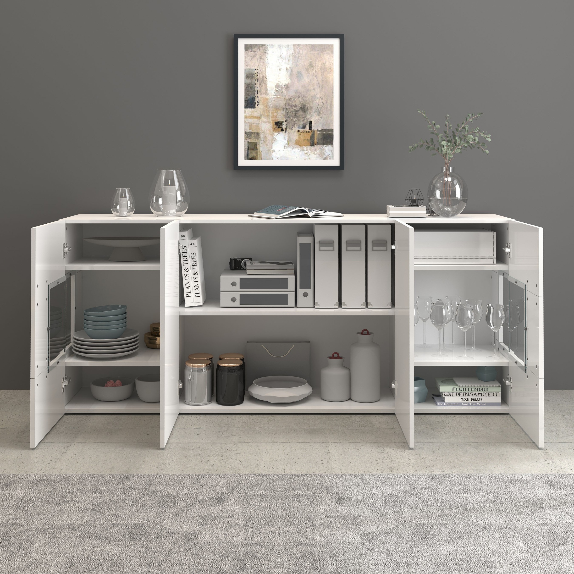 INOSIGN Sideboard »Egypt, Kommode, Schrank, Kredenz, Vitrine grifflos« 4 Türen davon 2 mit Glaseinsatz, kompl. Hochglanz lackiert, Breite 180