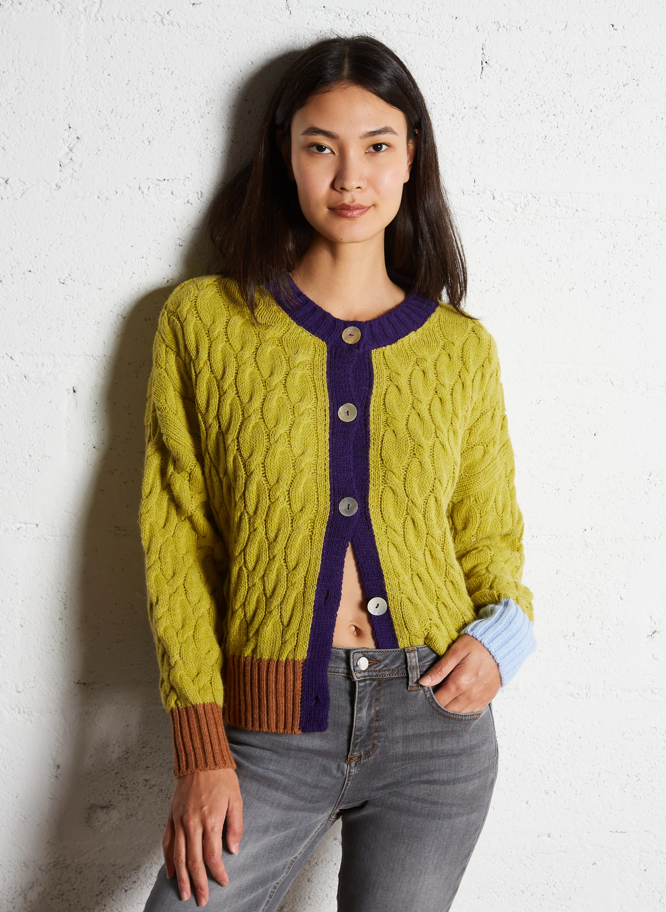 MELODY - Cardigan col rond droit en maille | Vert