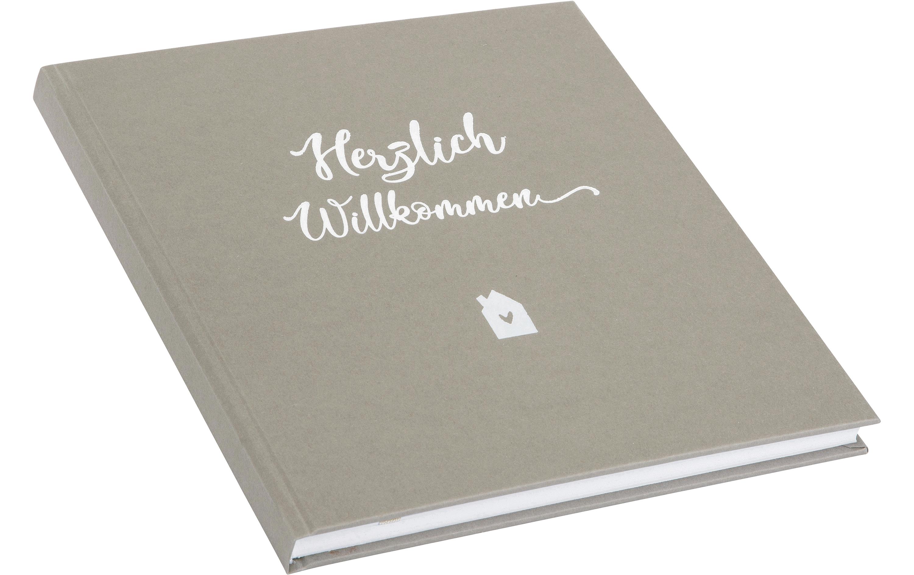 Gästebuch Herzlich Willkommen 23 x 25 cm, 176 Seiten, TaupeGästebuch mit Weissprägung und Lesezeichen