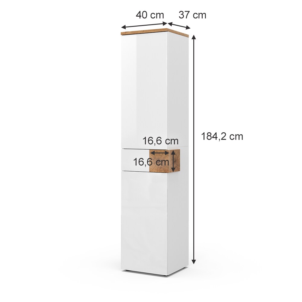Vicco Hochschrank Badschrank Badezimmermöbel Eden Weiß Artisan modern 40x184 cm Badkommode Badezimmer Schrank Badmöbel 2 Türen Schublade 5 Fächer Hochglanz