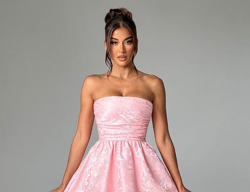 Alizio - Strapless Floral Jacquard Midi A-lijn Feestjurk