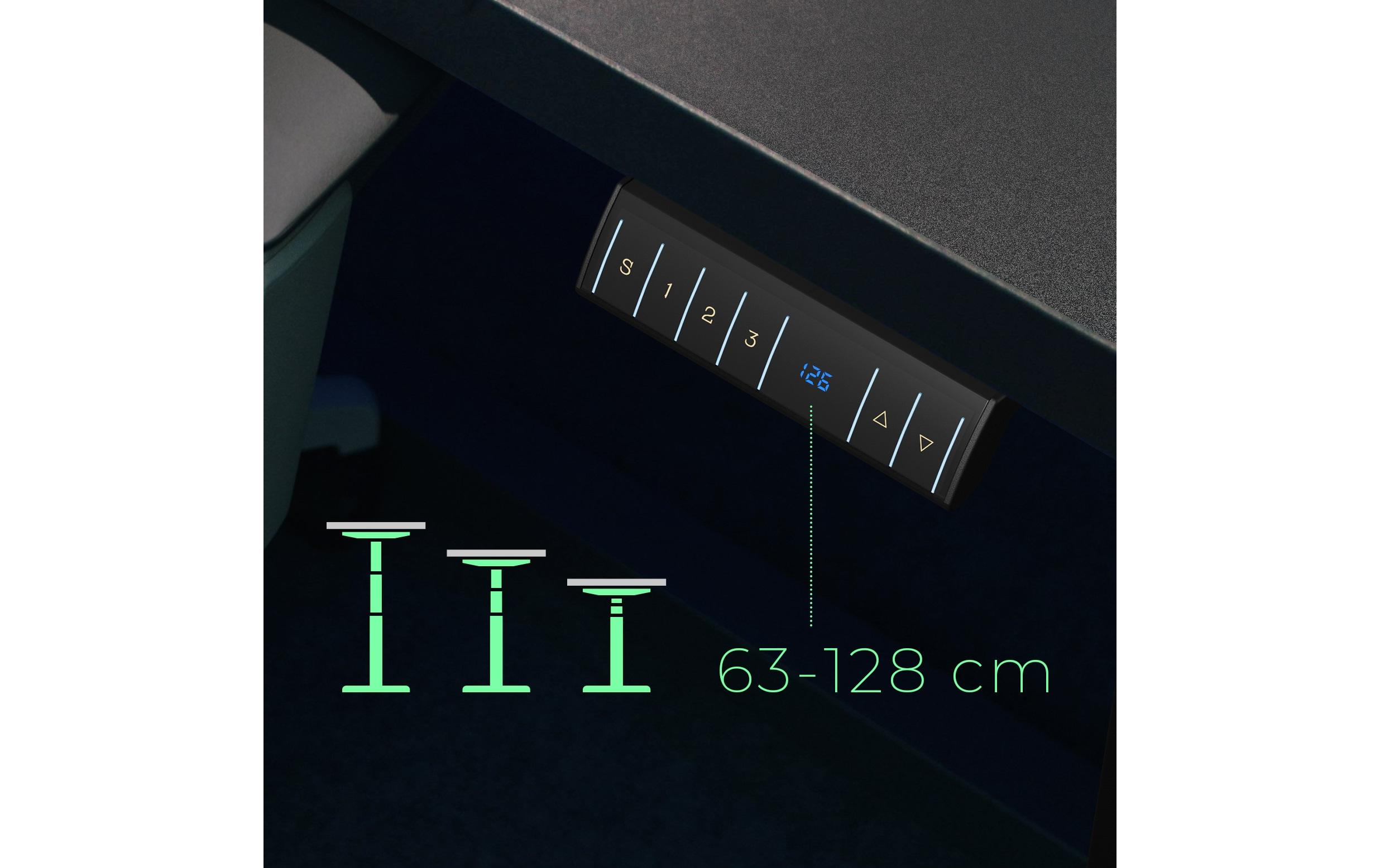 Stehtisch 140 x 70 cm, Schwarz<br>Elektrisch höhenverstellbarer Sitz-/Steh-Tisch mit Memory-Touch-Panel