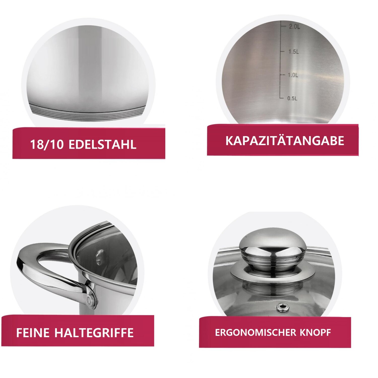 8 tlg Edelstahl Kochgeschirr Induktion Kochtopf Topfset Deckel Topf 16/18/20/22cm