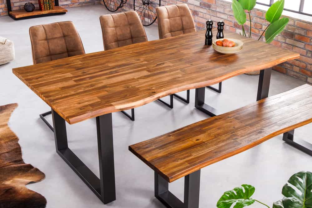 Massivholz Esstisch GENESIS 200cm braun geflammt Akazie Eisen schwarz Baumkante