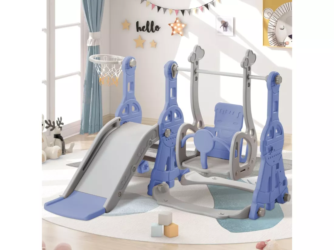 Portique enfant toboggan, echelle et balançoire avec panier de basket-ball - aire de jeux 4 en 1 - usage intérieur extérieur - Bleu