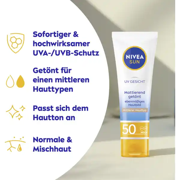 UV Gesicht getönter Sonnenschutz Mittlerer Hauttyp LSF 50