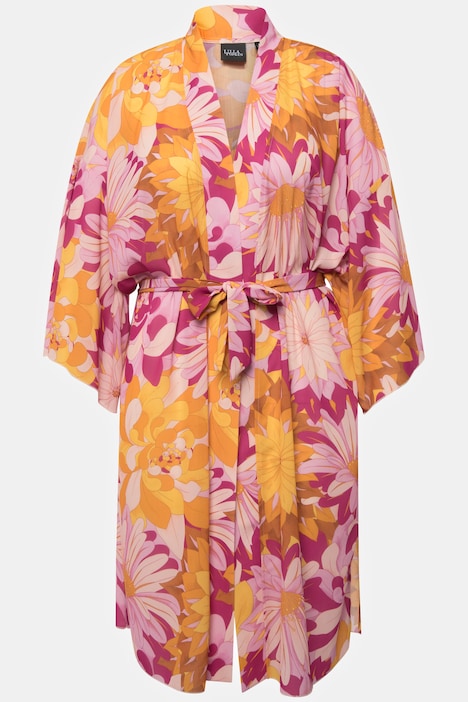 Kimono, Blüten, Bindegürtel, Schalkragen, 3/4-Arm