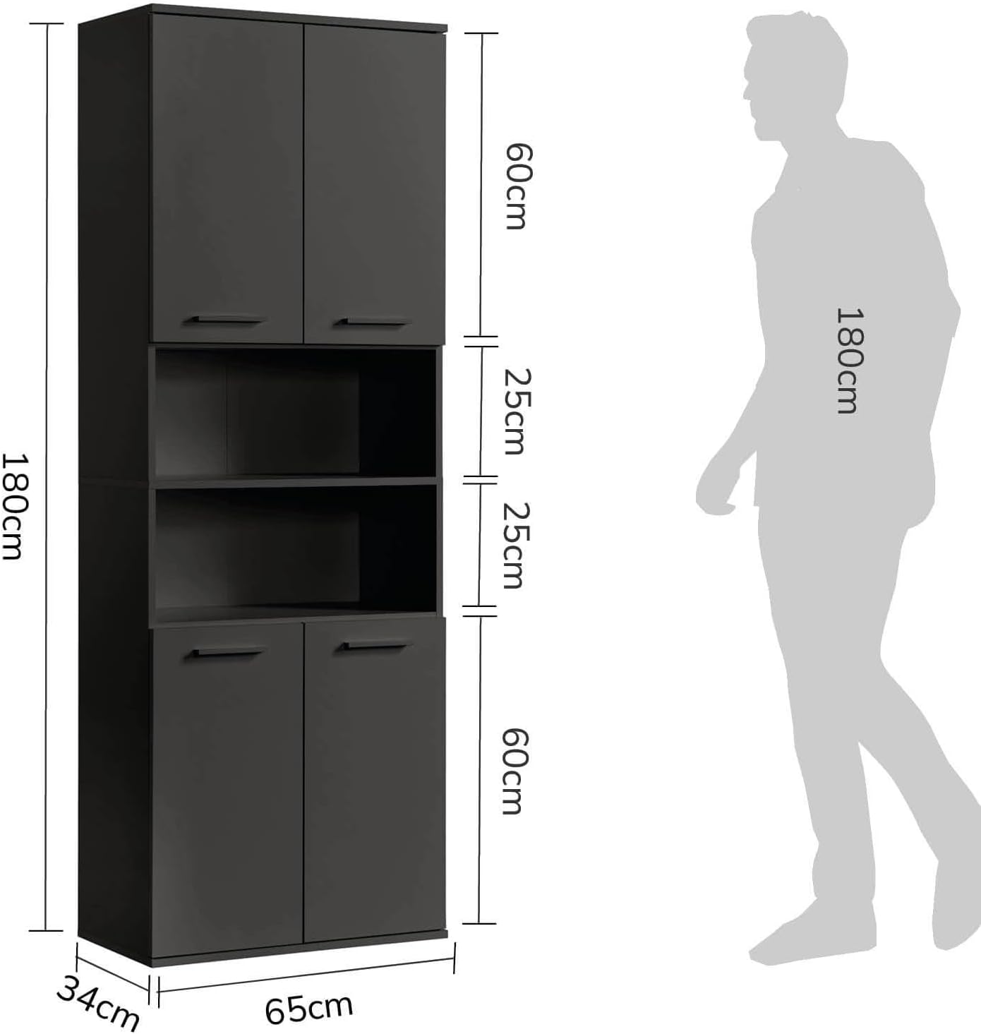 mokebo® Bad Hochschrank 'Der Kapitän' (180x65x34 cm) Badezimmerschrank breit oder Badschrank, auch als Badezimmerhochschrank & Badregal Badezimmer aus Holz in Anthrazit Schwarz