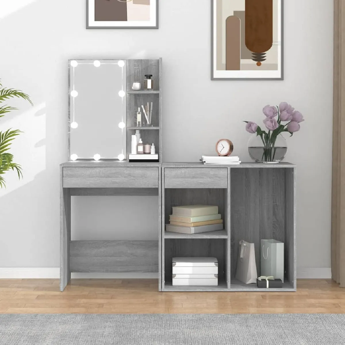 vidaXL Coiffeuse LED avec Armoire - Sonoma Gris
