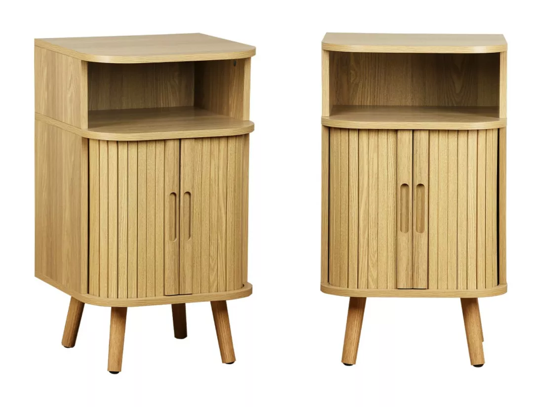 Lot de 2 tables de chevet 2 portes coulissantes + 1 niche effet bois rainuré. L 40 x P 40 x H 70cm