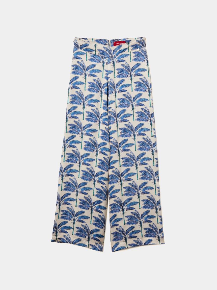 Calças pantalona com padrão de palmeiras