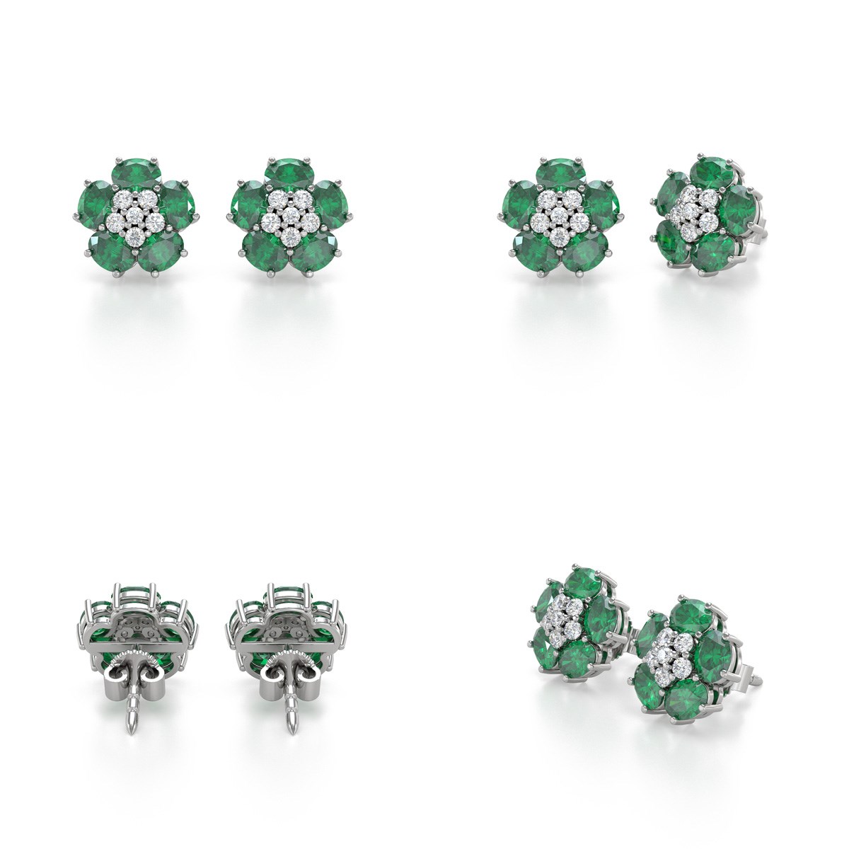 Boucles d'oreilles ADEN Or 585 Blanc et Emeraude Fleur 2.86grs