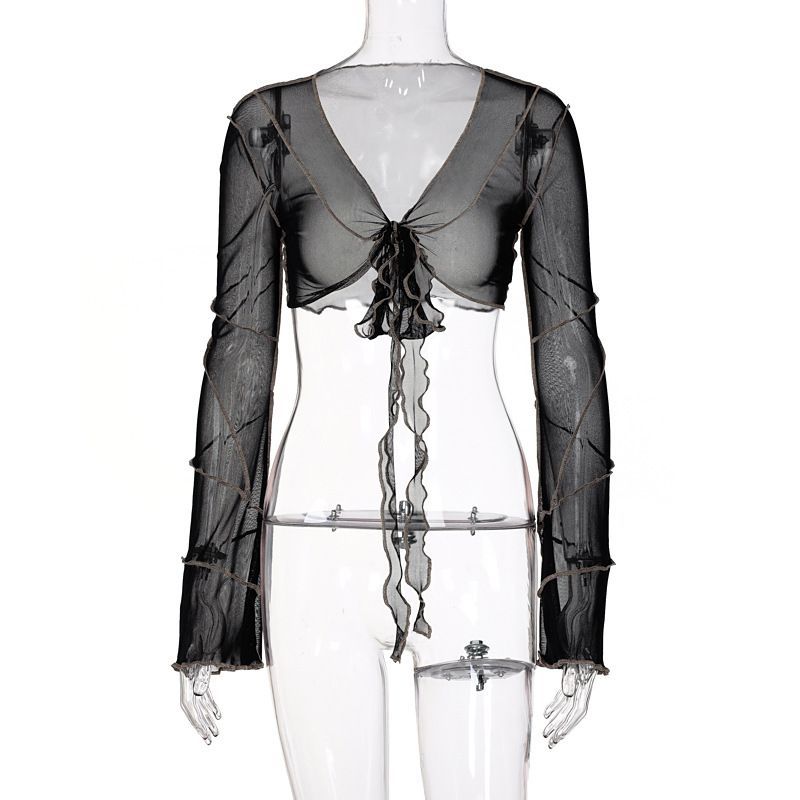 MOONGATE - Lange mouwen V-hals mesh cropped open vest