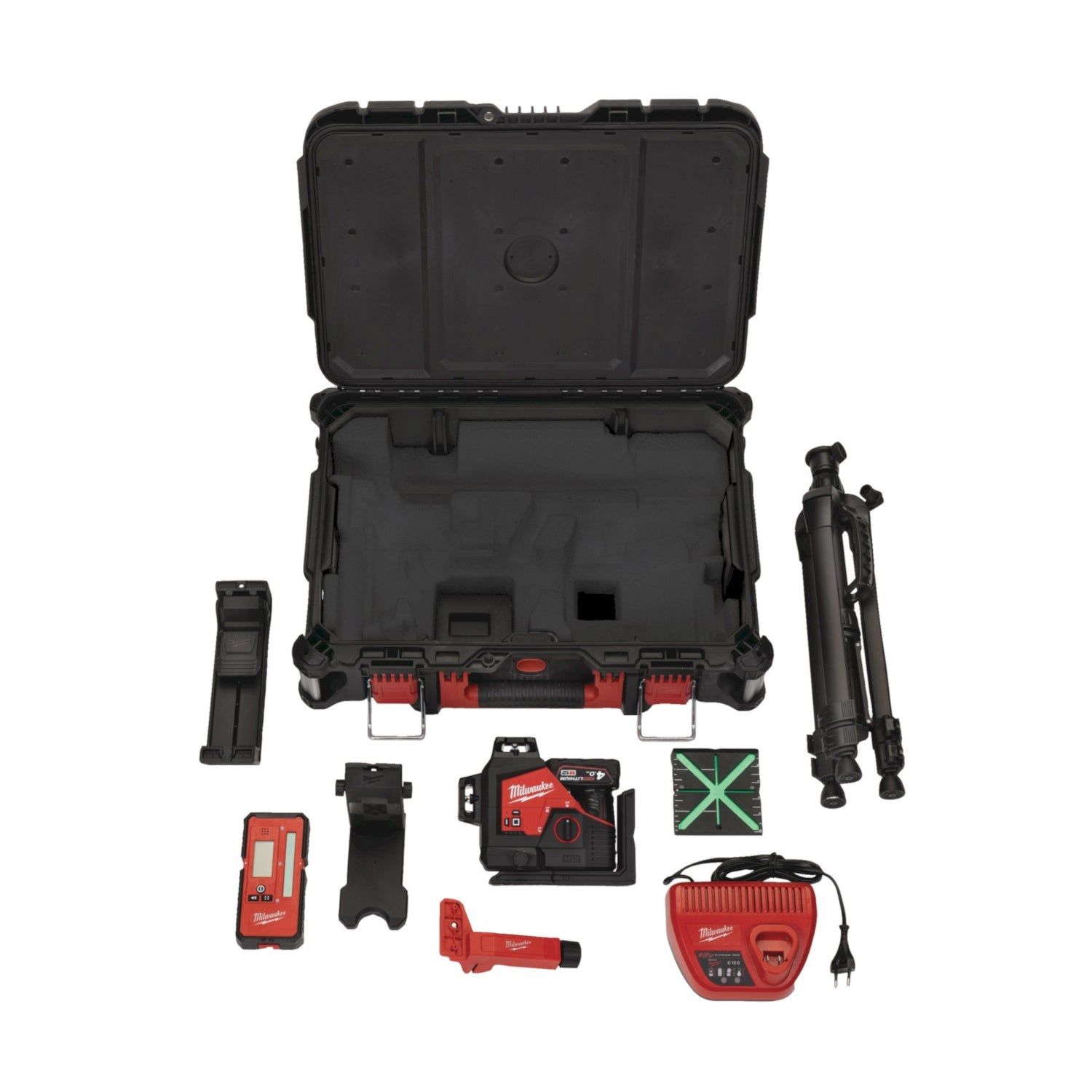 Milwaukee M12 3PLKIT-401P Accu kruislijnlaser 3x360° groen   laserdetector   statief 12V 4.0Ah in koffer - 4933478960