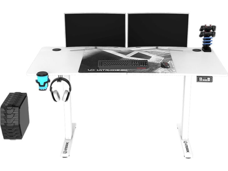 Ultradesk Gaming Tisch Level V2 Weiss Elektrisch höhenverstellbarer Gaming-Tisch für bis zu zwei Monitore