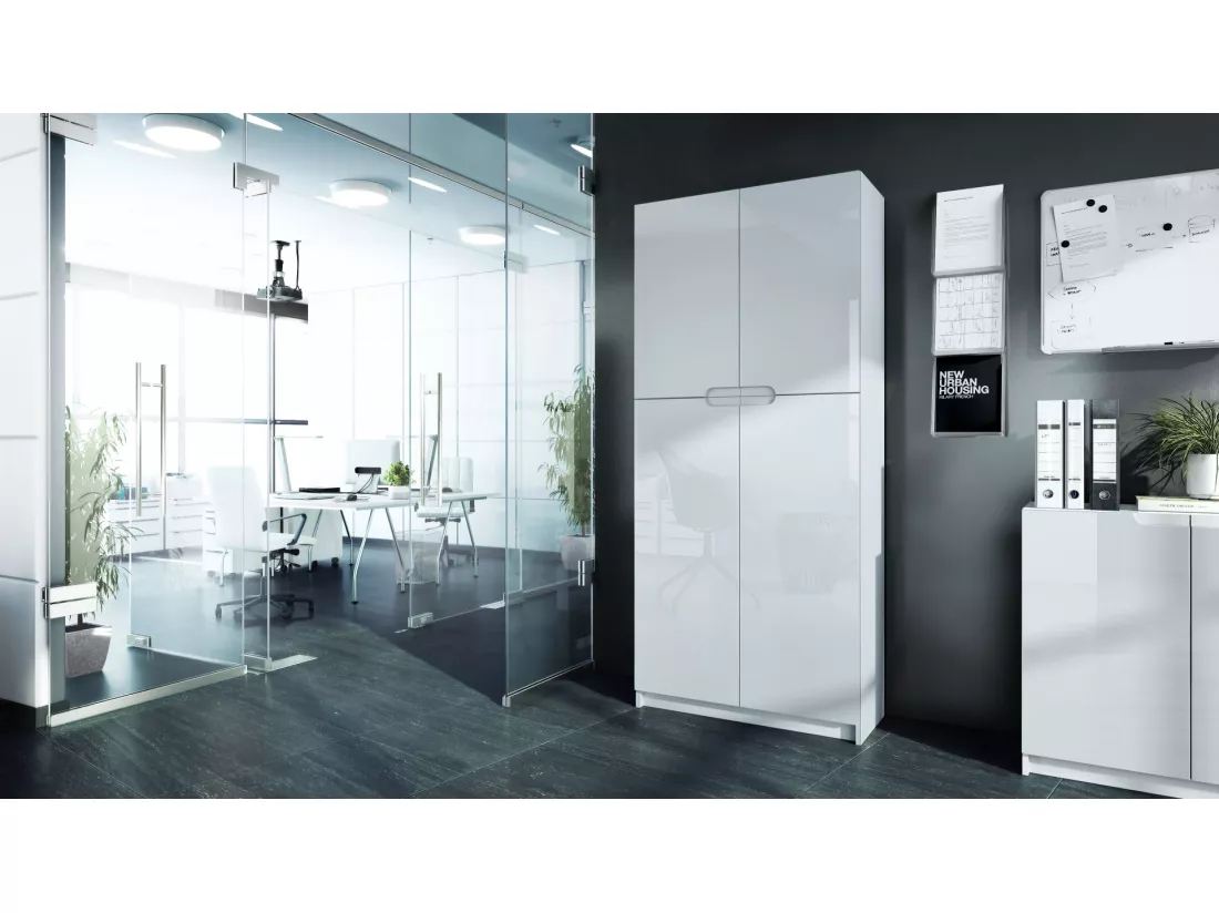 Armoire De Bureau Blanc Mat Et Facade Laquéé (lxhxp) : 82 x 185 x 37