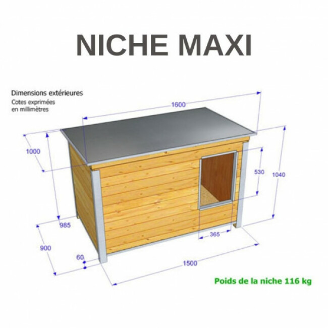 Niche isolée en bois pour chien avec toit simple pan incliné
