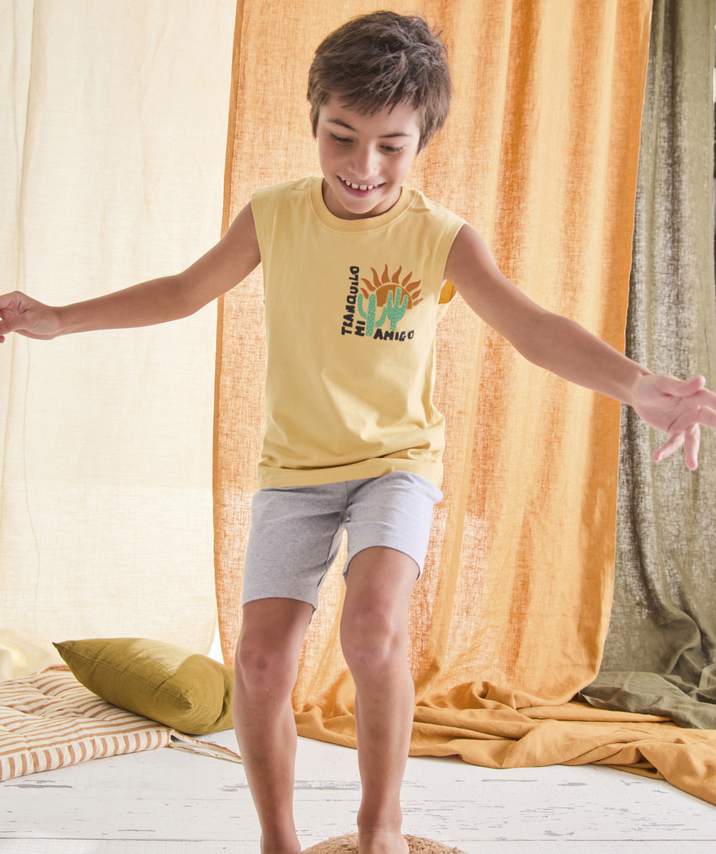pyjama sans manches garçon en coton bio jaune thème amigo