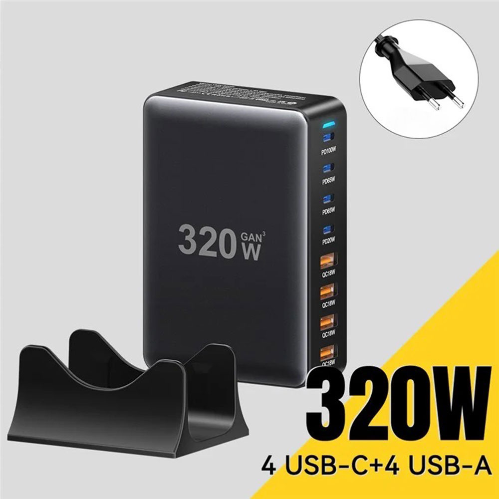 (320W) 4x USB C / 4x USB A Ladegerät Ladestation Power Delivery 3.0 / Quick Charge 4.0 mit Halterung   Netzladekabel - Schwarz