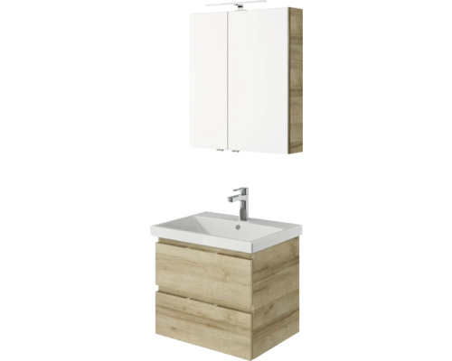 3-delige badkamermeubelset Pelipal serie 4035 BxHxD 60 x 200 x 45 cm, frontkleur eiken riviera, met keramische wastafel in wit en keramische wastafelkast, wastafelmeubel, spiegelkast met LED-verlichting 40350600121470