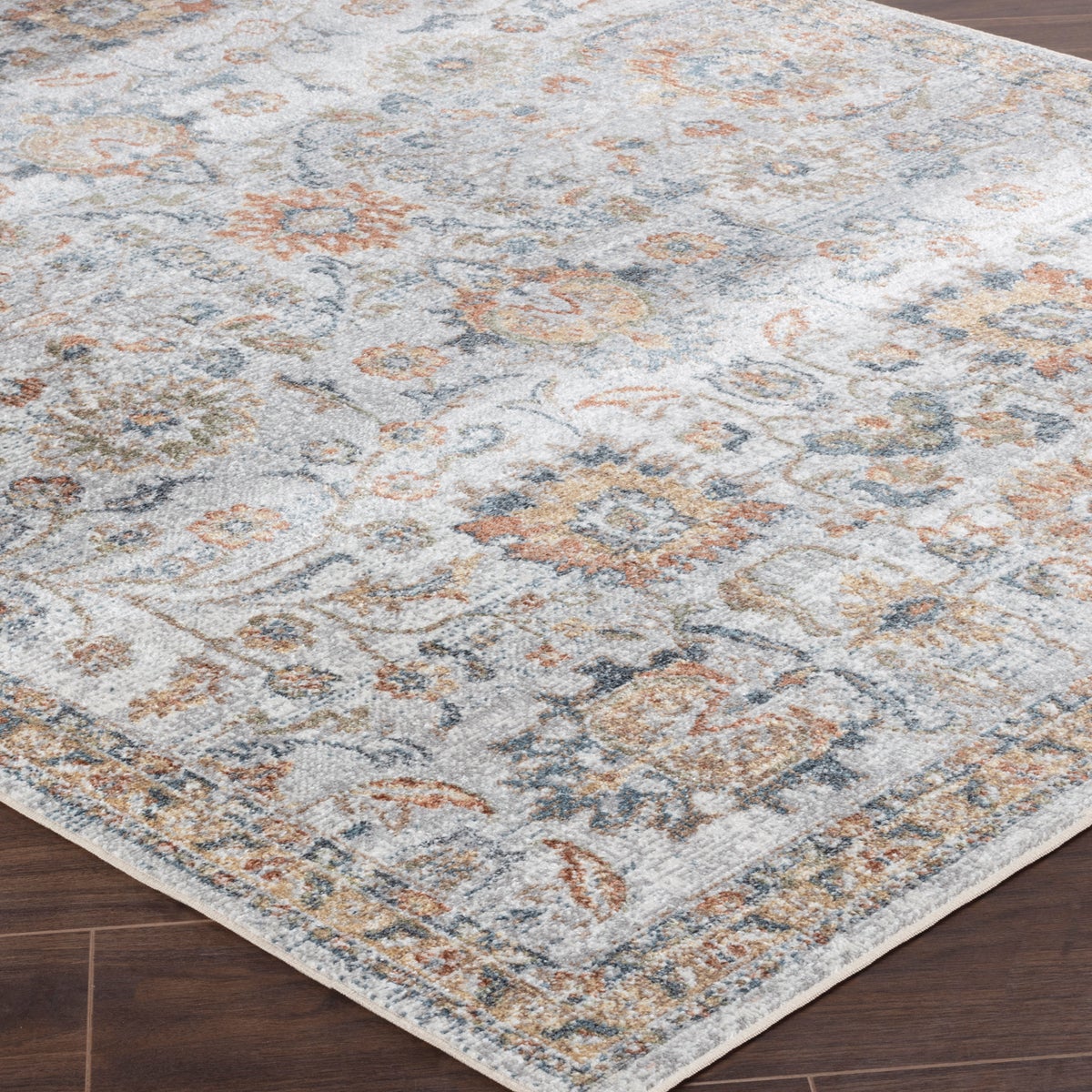 Vintage rond vloerkleed, machinewasbaar, grijs/geel, Ø 200 cm, ESTHER