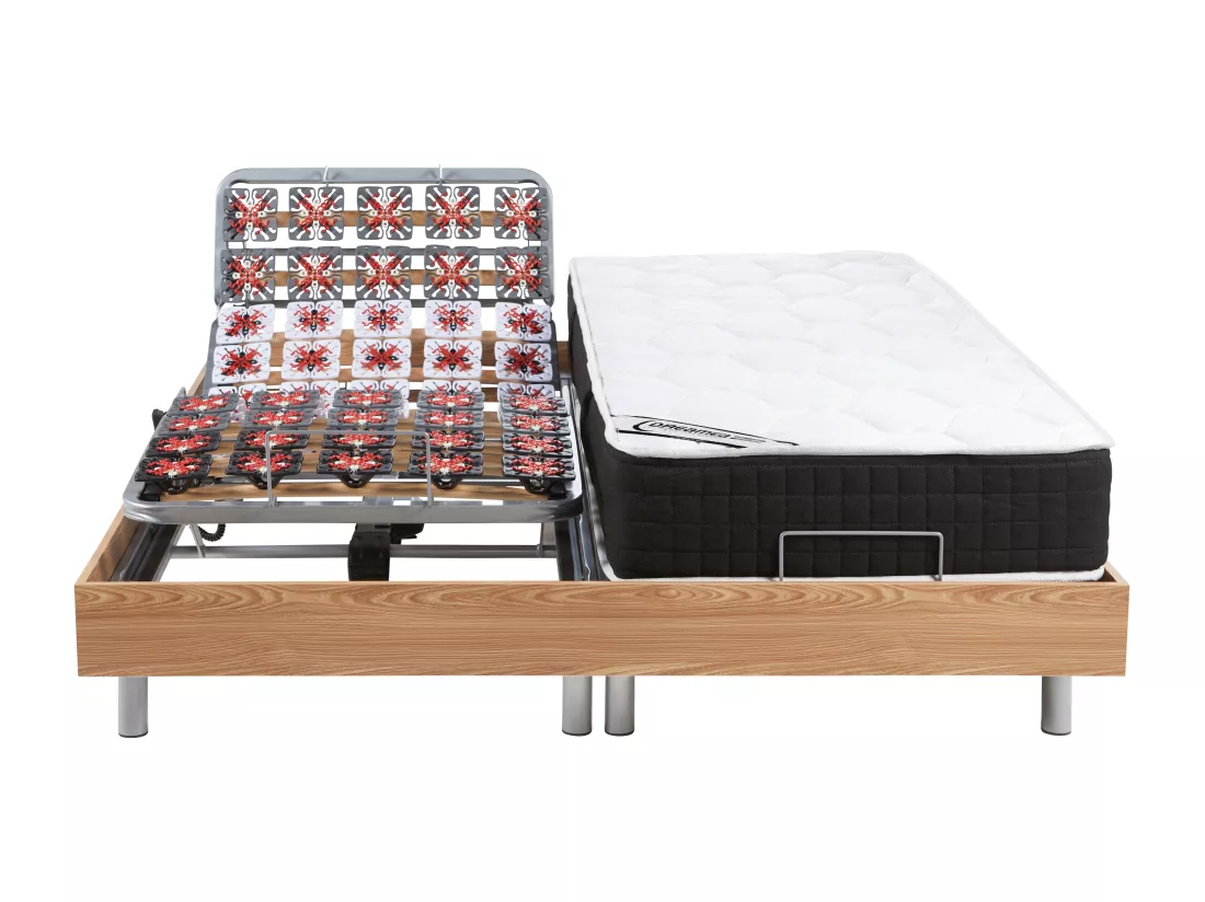 Lit électrique de relaxation tout plots + matelas ressorts ensachés et mémoire forme - 2 x 70 x 190 cm - Chêne - PHANES de YSMÉE