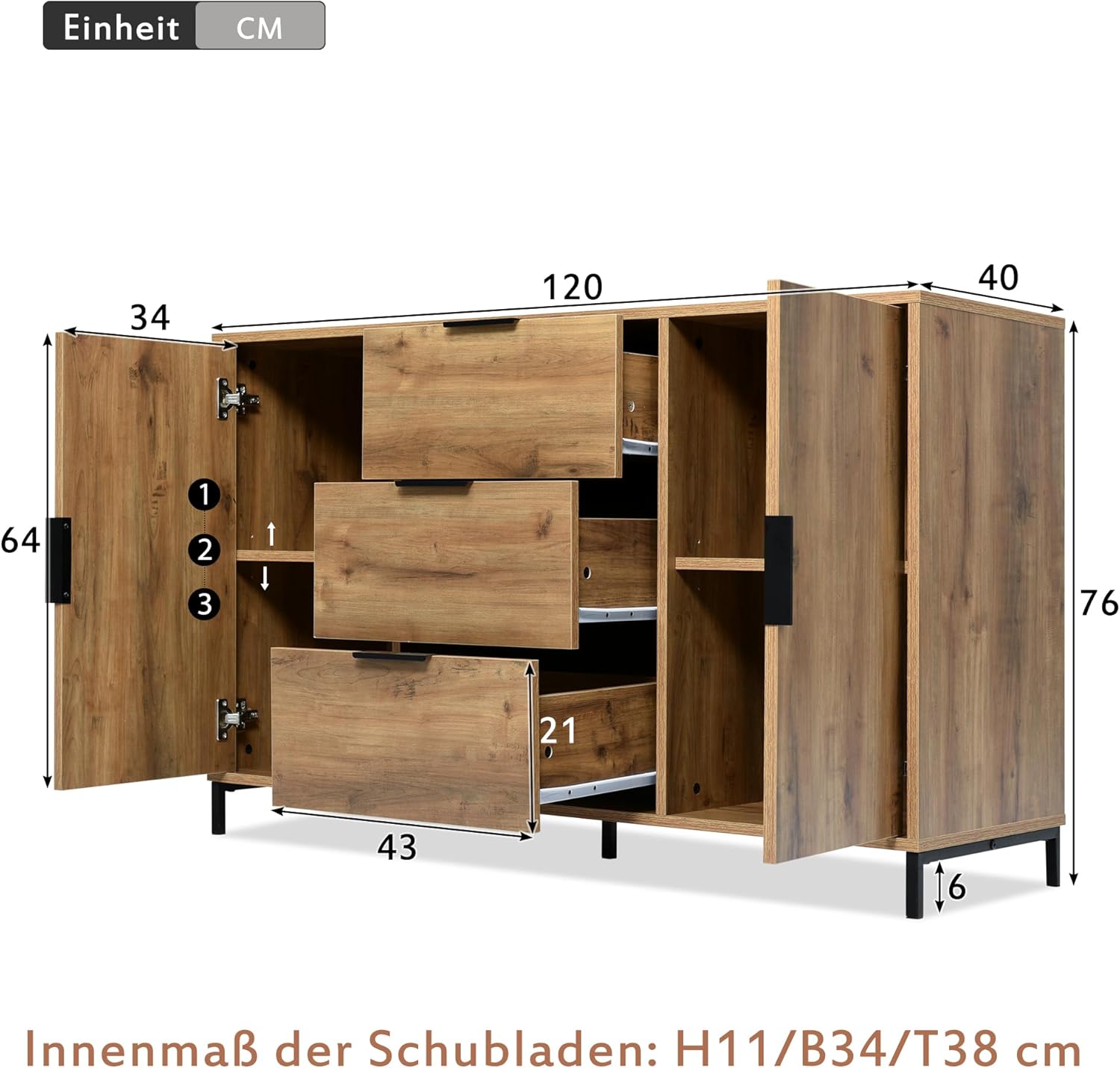 Merax Sideboard Kommode mit 2 Türen und 3 Schubladen 120 cm, Buffetschrank mit Verstellbares Ablage, Aufbewahrungsschrank in Dunkle Eiche, Metallbeinen, für Schlafzimmer, Wohnzimmer, 120x40x76 cm