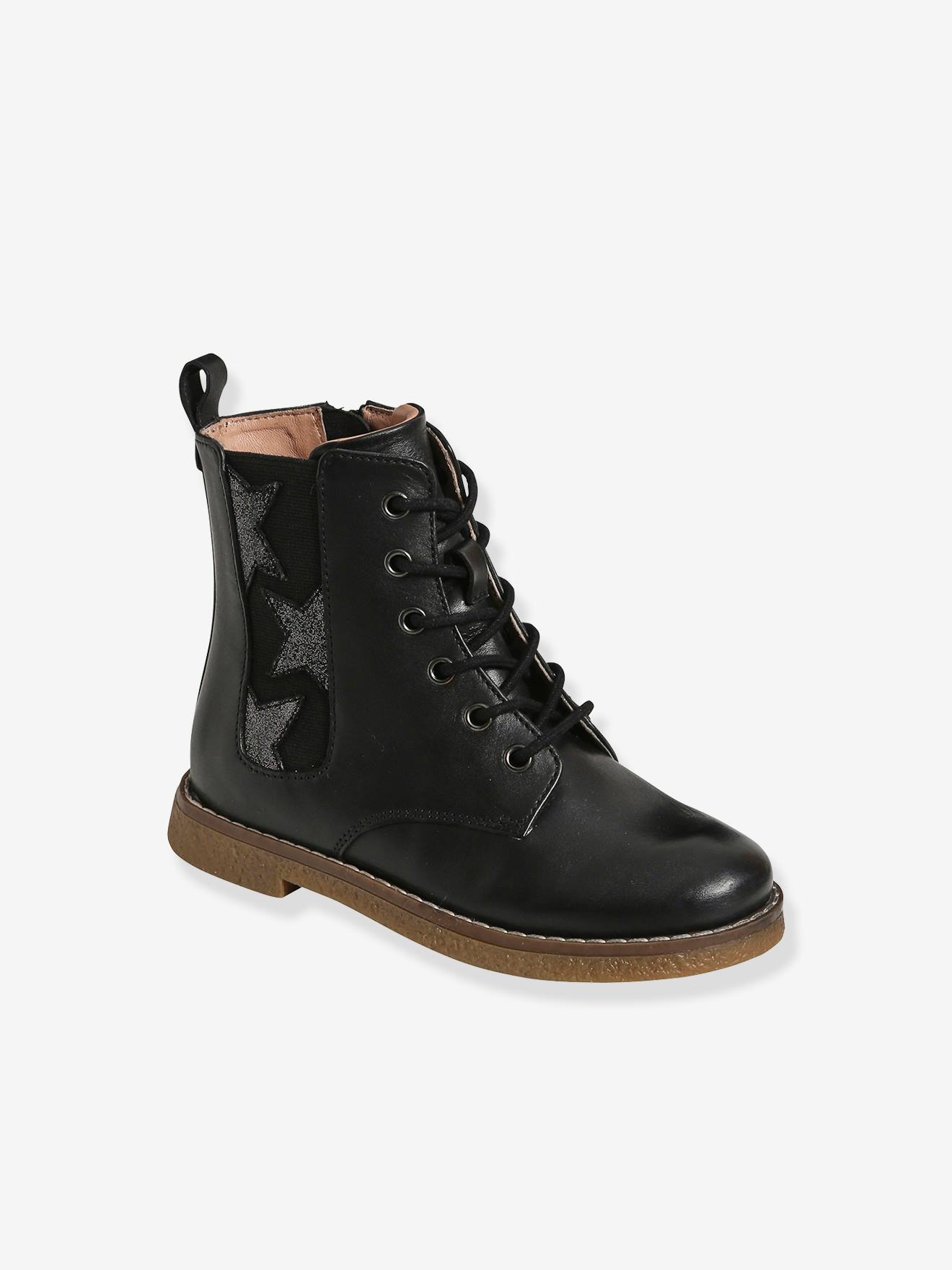 Botas de cano alto com cadarço e zíper em couro, para meninas, pretas lisas com estampas.