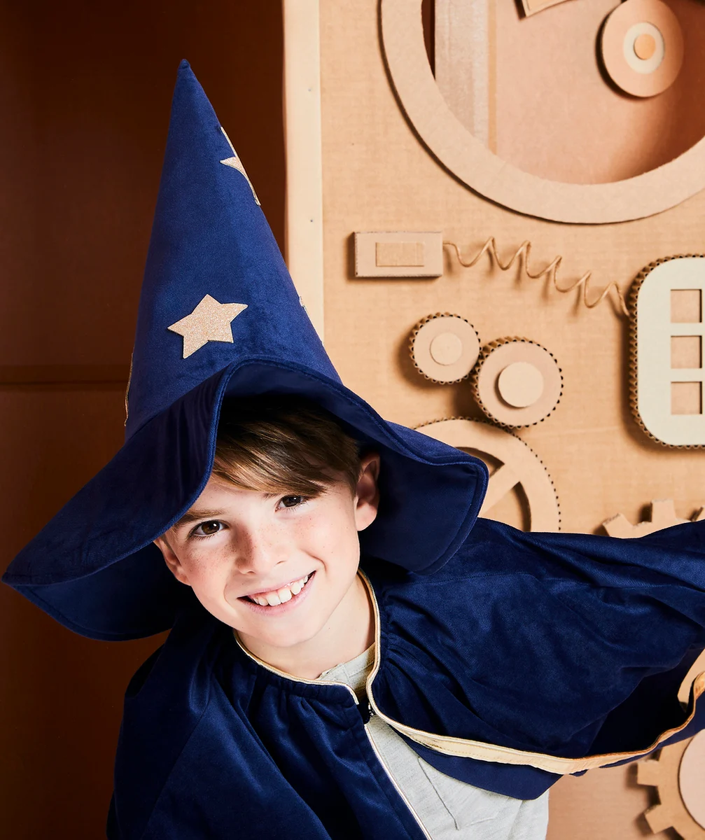 DÉGUISEMENT MAGICIEN EN VELOURS BLEU AVEC CHAPEAU ET CAPE