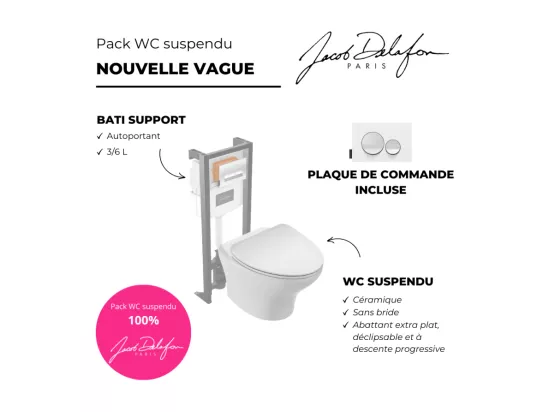 Pack WC suspendu sans bride JACOB DELAFON Nouvelle vague + bati support + plaque blanc brillant blanc mat