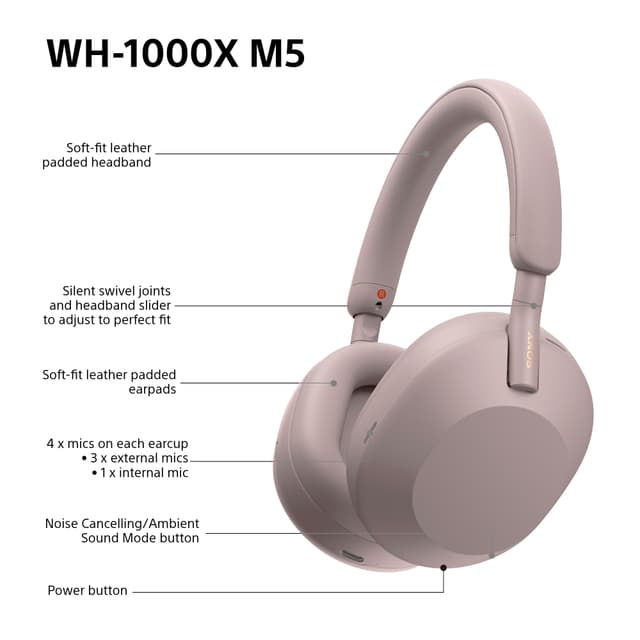 Sony WH-1000XM5 trådløse around-ear-hovedtelefoner (røget lyserød)