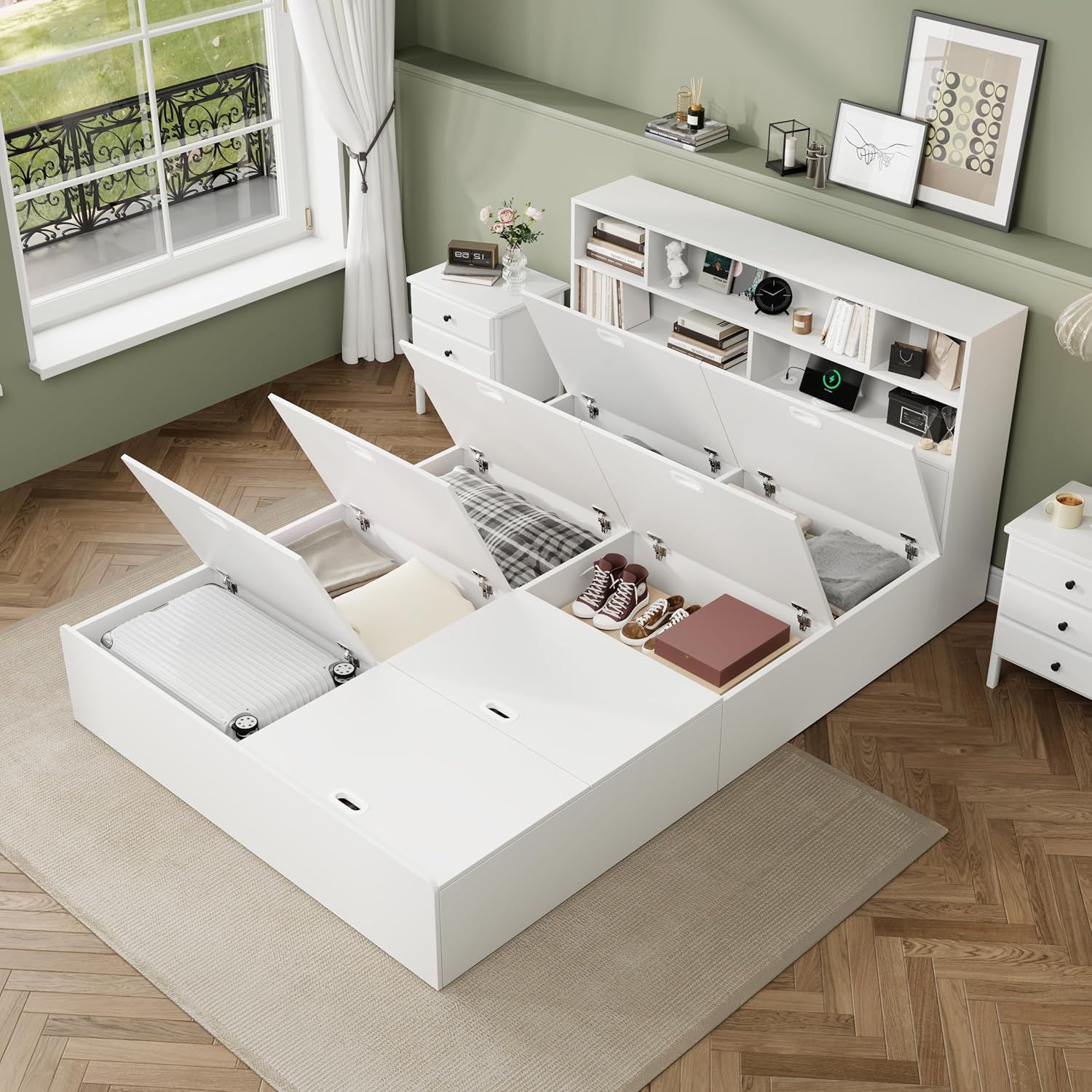 okwish Holzbett Jugendbett Flachbett 140x200 cm Doppelbett, Funktionsbett mit USB Typ-C, Bett mit Stauraum - Stauraumbett mit Schubladen & Bettkasten, Weiß (ohne Matratze)