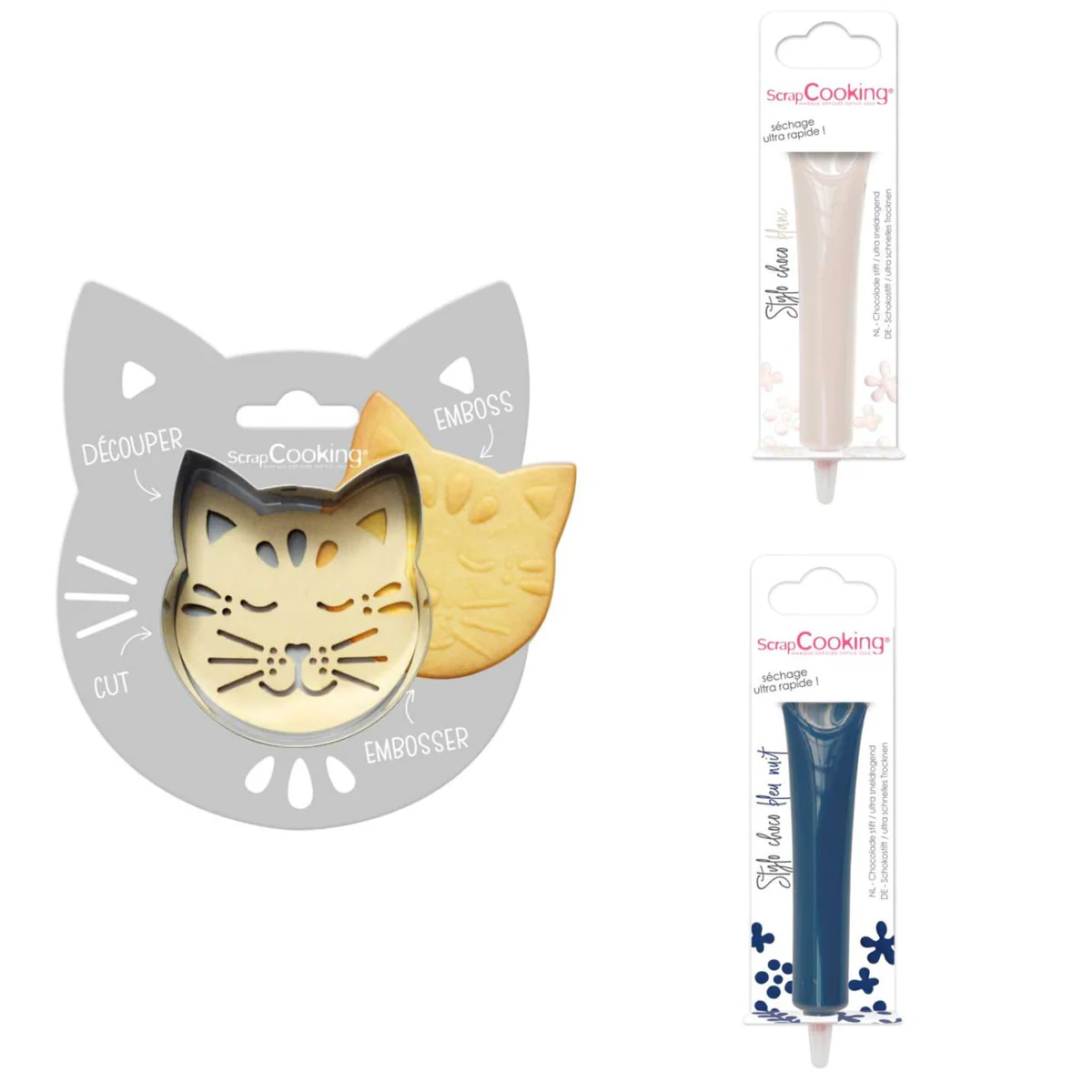 Kit pour biscuit en relief Chat + 2 Stylos au chocolat blanc et bleu n