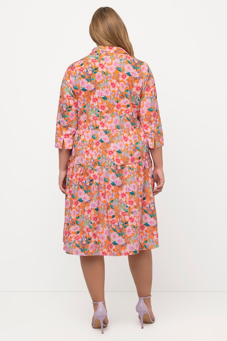 Hemdblusenkleid, Blüten, A-Linie, Hemdkragen, 3/4-Arm