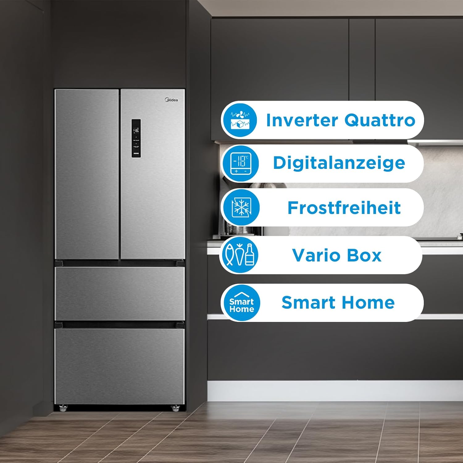 Midea French Door Kühl-Gefrierkombination/391 Liter NoFrost/Smart WiFi, Inverter & VarioBox/Energiesparend& Extrem Leise/Für Große Familien MERF402FIE02