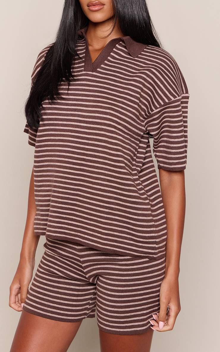 Marron Haut Grand Col Polo Tricoté Oversize À Rayures