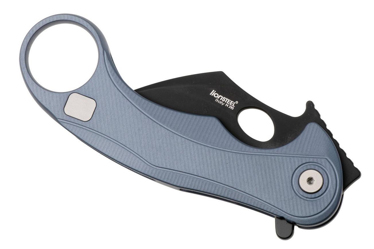 LionSteel L.E.One Mid LE2-IB, Old Black M390, Ice Blue Aluminum, karambit zakmes