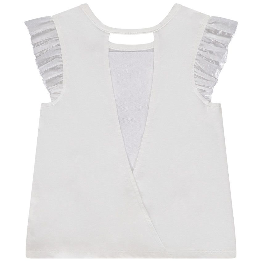 T-shirt manches courtes en tulle et fleurs 3D pour fille - Ecru