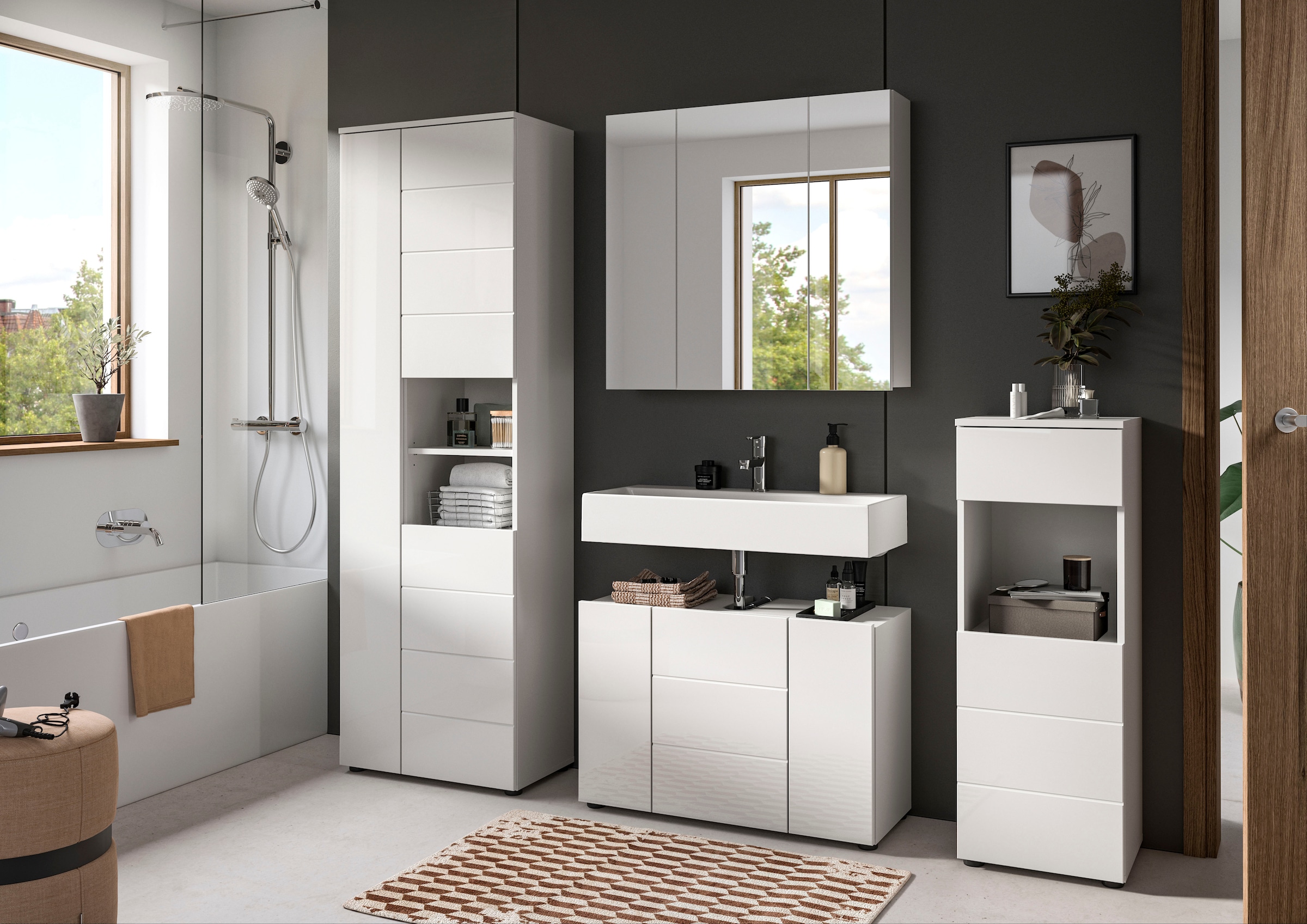 welltime Badmöbel-Set »Biel, Höhe 190 cm, Hochschrank, Unterschrank, Spiegelschrank« 3 Stk. tlg.