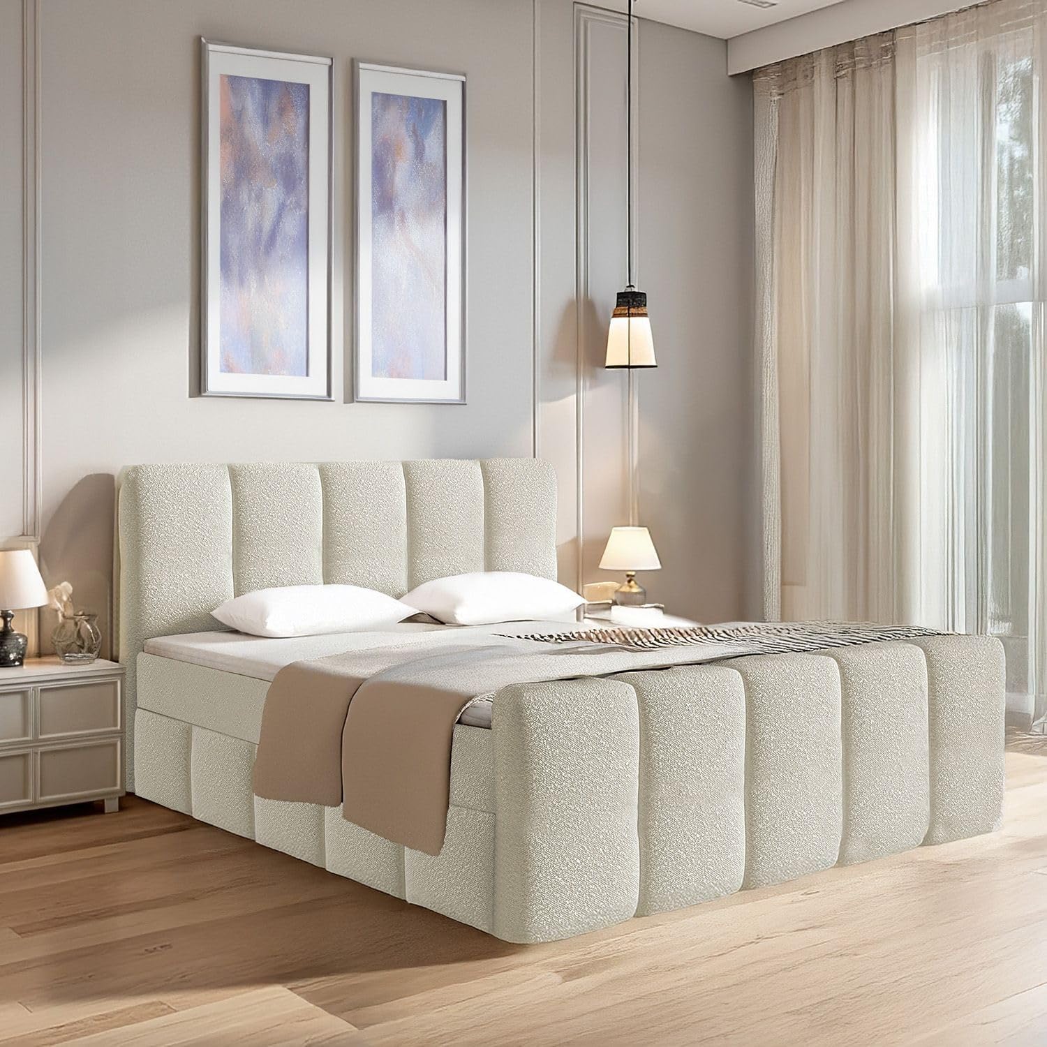 Juskys Boxspringbett Manitoba 180 x 200 cm - Modernes Design mit Bouclé-Stoff, Gepolstertes Kopfteil, Inkl. Topper - Beige